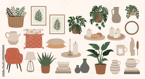 Large set of cozy home decor elements including houseplants, candles, ceramics, paintings, and furniture in a boho style.