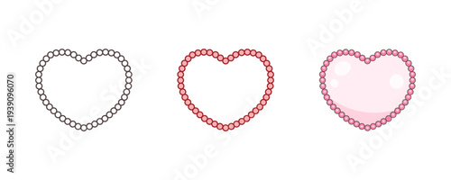 Scalloped Heart Frames. Pearl heart border in coquette girly style. Beaded Valentine border vector with glossy pink fill for romantic cards, wedding invitations, cute labels and feminine designs
