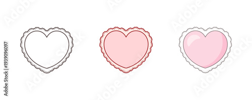 Lace heart frame with scalloped border in girly coquette style. Romantic Valentine vector with glossy pink center for wedding invitations, cute labels and delicate cards
