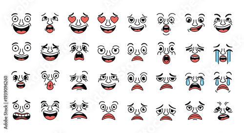 Set of diverse cartoon facial expressions showing various emotions like happy, sad, angry, surprised, and loved.
