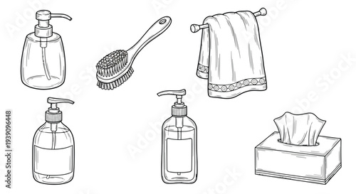 Bathroom Essentials: An assortment of bathroom essentials, including a soap dispenser, brush, towel, and tissue, meticulously drawn in a clean, elegant style.