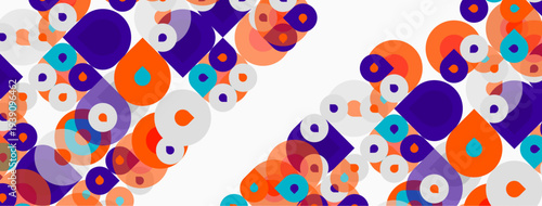 Abstract colorful circles overlap, creating dynamic pattern. Bright hues dominate white background. Modern design element.