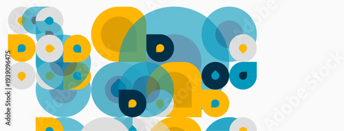 Abstract circles overlap, creating vibrant visual texture. Colors include yellow, blue, teal, gray. Composition feels playful, modern.