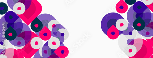Abstract composition featuring overlapping circles. Pink, purple hues dominate white background. Modern, playful design elements present.