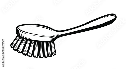 Clean Brush Illustration: A detailed black and white illustration of a sturdy, ergonomically designed cleaning brush, perfect for household tasks.