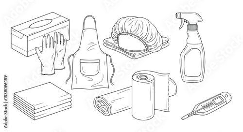 Cleaning and Hygiene Supplies: An assortment of essential cleaning and hygiene items, meticulously arranged to depict a clean and sanitary environment. Perfect for promoting health and safety.