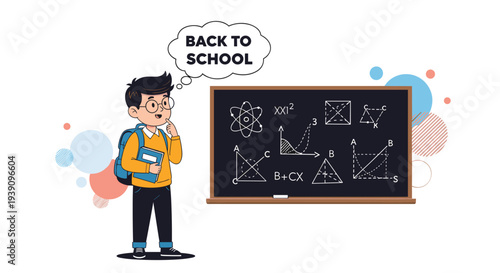 Young schoolboy with a backpack and notebook thinking in front of a blackboard filled with complex mathematical formulas.