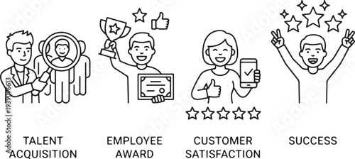 Talent Acquisition Success Chart Icon with stars above a man, an employee award, and a customer satisfaction line 