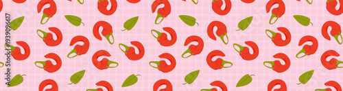 Seamless pattern featuring red hot peppers and green leaves on a soft pink grid background, .Playful vector illustration of vegetables for kitchen textiles, digital paper, food packaging and wallpaper