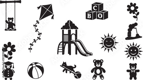 Black and white illustration of various childhood icons and objects