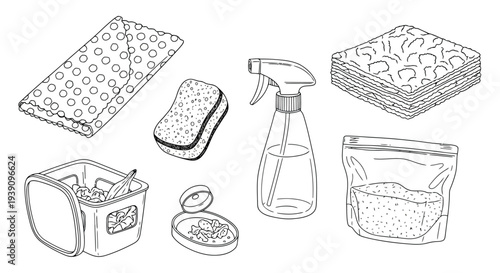 Essential Cleaning Set: An array of cleaning essentials meticulously arranged. A visual ode to cleanliness, ideal for home care, service and hygiene.
