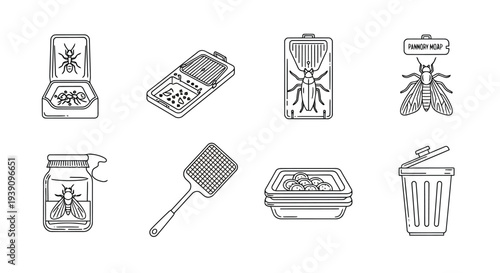 Pest Control Devices: An array of insect control tools, including traps, fly swatters, and disposal bins, is presented in this illustration. Designed for home and garden maintenance.