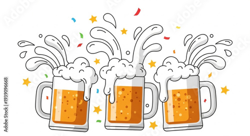 Three overflowing beer mugs with foam and splashes.