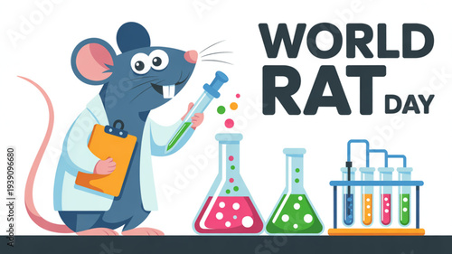 Cartoon rat in lab coat holds pipette near colorful beakers and test tubes on world rat day