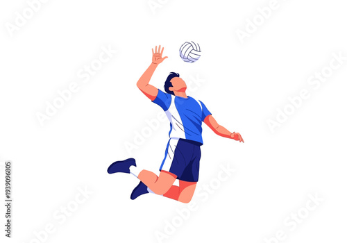 An athlete jumps high to spike a volleyball during a competitive match on an indoor court from a dynamic angle