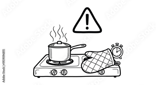 Kitchen Caution: A black and white illustration depicts a steaming pot on a stovetop, next to oven glove and timer with warning sign