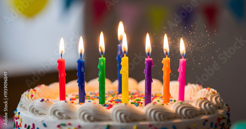 A colorful birthday cake is shown with seven lit candles suggesting a celebration or milestone marking a special occasion high quality professional detailed modern elegant stylish