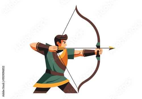 An archer in traditional attire takes aim with bow and arrow in a focused stance