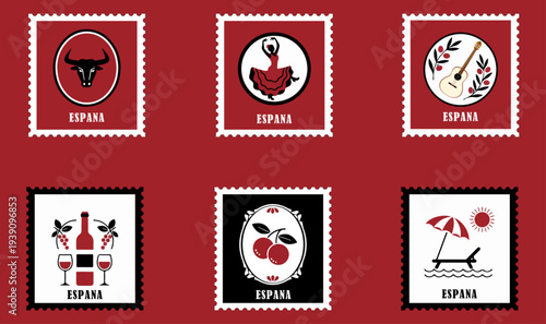 Espana. Spain. Post stamps. Minimalistic vector set 
