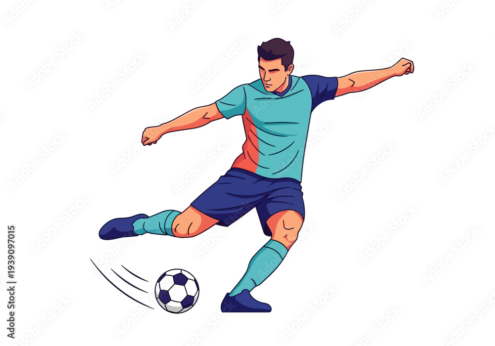 Obraz premium A soccer player kicking a ball with dynamic motion, captured from a front viewpoint in an illustration.