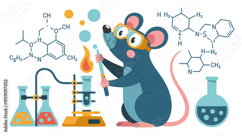 Curious mouse in lab goggles conducts colorful chemistry experiment with beakers and formulas