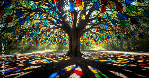 A majestic tree with leaves composed of vibrant colorful stained glass stands in a sun dappled forest clearing high quality professional detailed modern elegant stylish clean