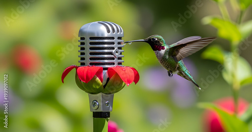 A ruby throated hummingbird hovers near a microphone shaped flower appearing to sing into the vintage style metallic bloom high quality professional detailed modern elegant stylish