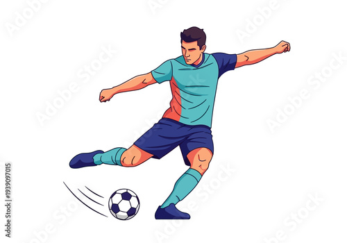 A soccer player kicking a ball with dynamic motion, captured from a front viewpoint in an illustration.