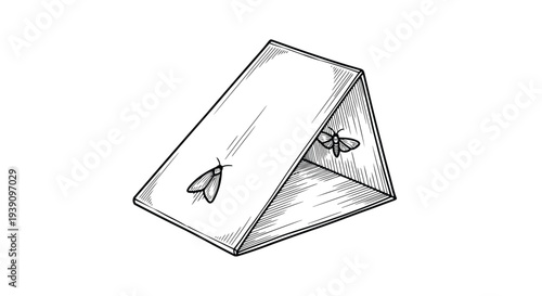 Insect Trap Sketch: a detailed line art illustration of a moth trap capturing two moths, emphasizing entomology and insect control, perfect for educational or illustrative purposes.