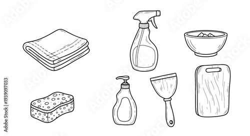 Cleaning essentials illustration: An organized collection of cleaning tools, a collection essential to household and surface cleaning, each item ready to create a fresh, spotless environment. 