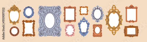 An assortment of decorative frames in various colors on a soft beige background.