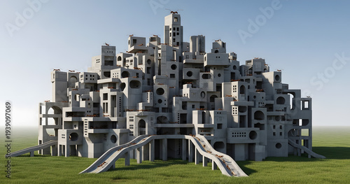 A surreal concrete city emerges from a grassy field resembling an anthill with numerous interconnected structures and ramps high quality professional detailed modern elegant stylish clean