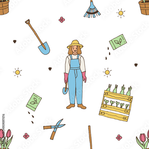 Spring colorful gardening doodle seamless pattern with a farmer and seedlings in a box. Hand-drawn vector background.
