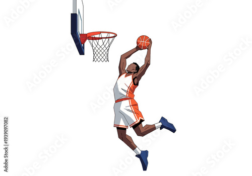 Basketball player in mid-air dunking the ball into the hoop with dynamic movement and athleticism on a sports court