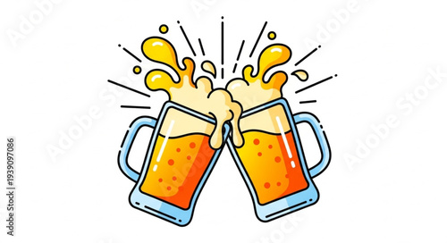 Two Beer Mugs Clinking Together With Splashing Foam.