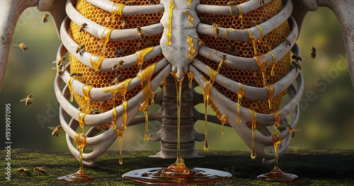 A surreal image depicts a human ribcage filled with a honeycomb structure dripping with golden honey and swarming with bees high quality professional detailed modern elegant