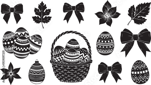 Easter eggs and decorations in a basket with bows and leaves