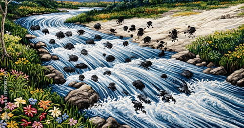 A vibrant richly textured landscape depicts a river flowing through a rocky terrain teeming with dark silhouettes of buffalo crossing high quality professional detailed modern elegant