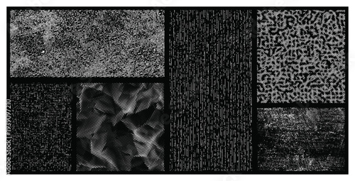 Collage-style vector illustration featuring grunge rubber stamp textures, distressed elements, and bold black-and-white overlays forming edgy frame compositions with a gritty, contemporary aesthetic.