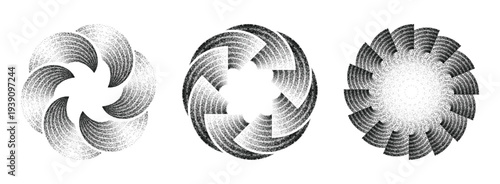 Geometric spiral swirl circular halftone pattern collection with retro grain texture vector.