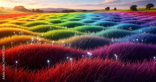 A vibrant undulating landscape displays a field of grass arranged in the colors of the rainbow under a serene sunset sky high quality professional detailed modern