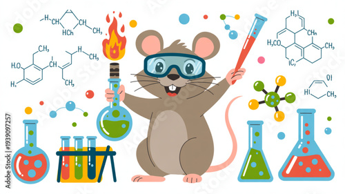 Curious cartoon mouse in lab goggles conducts colorful chemistry experiment with flasks and test tubes