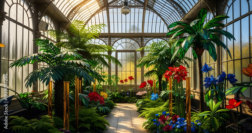 A brightly lit greenhouse showcases lush tropical plants vibrant flowers and a stone pathway leading into the sunlit interior high quality professional detailed modern elegant stylish