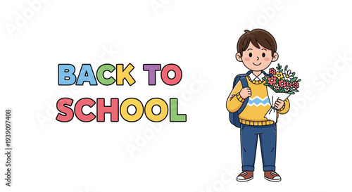 Cheerful smiling young boy with a backpack holding a colorful bouquet of flowers for his first day back to school.