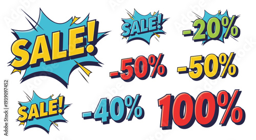 Vibrant set of pop art sale labels with speech bubbles and various discount percentages on a white background.