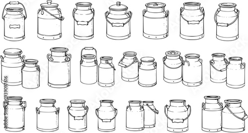 Vintage Milk Cans And Creamers Collection - Rustic Dairy Farm Illustration