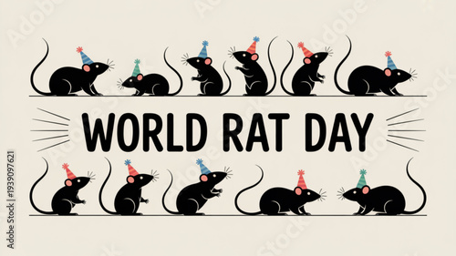 Black rats wearing party hats celebrating world rat day in a fun minimalist design with bold typography and bright colors