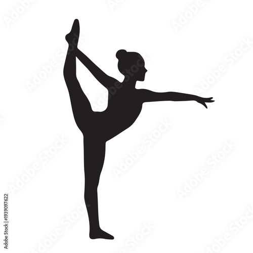 Minimal vector artwork of a female gymnast stretching in a dynamic silhouette pose, expressing athleticism, focus, and dedication in a simple black and white style.
