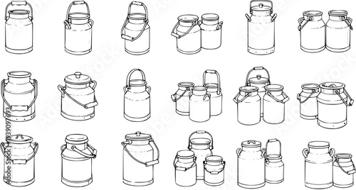 Milk Can Collection: Various Styles  Sizes Line Art Vector Illustration