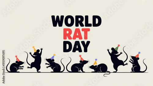 Group of rats celebrate world rat day with party hats on beige background